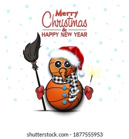 Merry Christmas and happy new year. Snowman from basketball balls with broom and sparklers on an isolated background. Design pattern for banner, poster, greeting card, invitation. Vector illustration