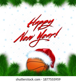Merry Christmas and Happy New year. Basketball ball in a santa hat with branches of a Christmas tree and snowflakes. Greeting card design pattern. Vector illustration