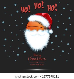 Merry Christmas and Happy New Year. Santa in the form of a basketball ball. Basketball ball with beard and santa hat. Greeting card design template with for new year. Vector illustration