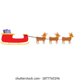 Merry Christmas and Happy New Year. Santa Claus is a reindeer sled ride with gifts. vector illustration. Greeting card concept poster, horizontal art paper banner