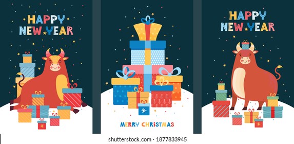Merry Christmas and Happy New Year! Set vector illustrations for of winter holidays, poster, background, card. Chinese new year symbol 2021 funny bull. Cute ox among a pile of colorful gift boxes.