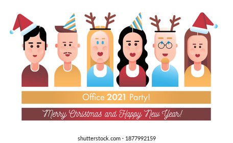 Merry Christmas and Happy New Year greetings with colleagues and friends in flat design style.