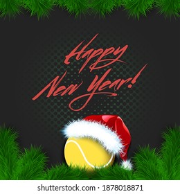 Merry Christmas and Happy New year. Tennis ball in a santa hat with branches of a Christmas tree and snowflakes. Greeting card design pattern. Vector illustration