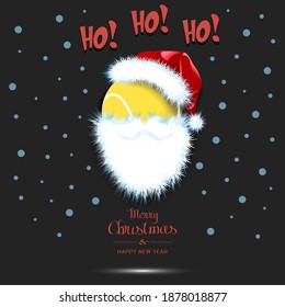 Merry Christmas and Happy New Year. Santa in the form of a tennis ball. Tennis ball with beard and santa hat. Greeting card design template with for new year. Vector illustration