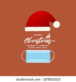 Merry Christmas and Happy New Year concept greeting card with Santa Claus Hat and face mask, vector illustration. Happy holiday wishes. 