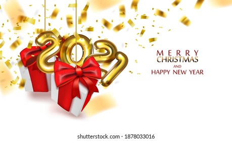 Merry Christmas And Happy New Year Background With Festive Gifts Boxes. Xmas Presents With Red Ribbon. EPS10 Vector