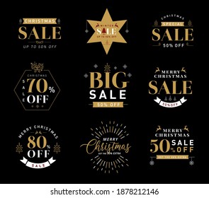 Merry Christmas and Happy New Year lettering template. Greeting card, Typography set. Vector logo, emblems, text design, Winter holidays related typographic quote. Vector vintage illustration.