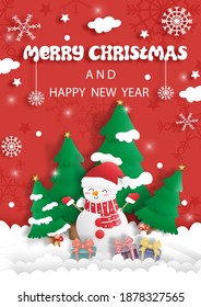 Merry Christmas and Happy New Year. Paper art of cute greeting card, Snowman, Christmas tree, gift box and mushroom. Vector Illustration.