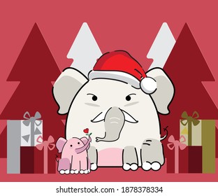 Merry Christmas Happy new year companions. elephant in Christmas snow scene. Cute baby elephant gave flowers to the mother elephant. hand drawn vector illustration. Can be used for design.