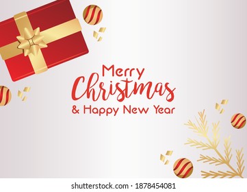merry christmas and happy new year lettering card with gift and firs vector illustration design