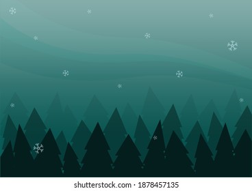 Merry Christmas and Happy New Year background with tree and snow fall on green background, winter and wind background card with space for display logo and content, creative design vector illustration