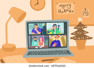 Merry Christmas and Happy New Year online. Holidays communication during quarantine. Laptop and home workspace. Hand drawn  flat style vector illustration. Social-distance coronavirus COVID-19.