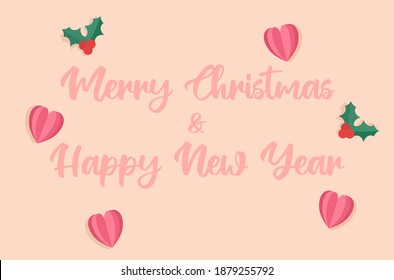 Merry Christmas and Happy New Year card design with heart paper cut effect.