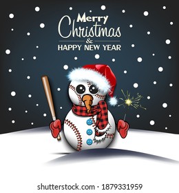 Feliz Navidad y feliz año nuevo. Hombre de nieve de pelotas de béisbol con escoba y chispas en un fondo aislado. Diseño de banner, afiche, tarjeta de saludo, invitación. Ilustración del vector