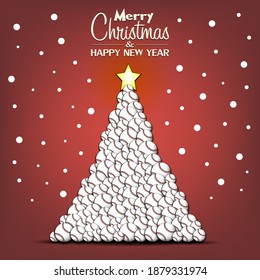 Merry Christmas and Happy New Year. Christmas tree made of baseball balls. Snowflakes on the background. Greeting card design template with for new year. Vector illustration