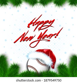 Merry Christmas and Happy New year. Baseball ball in a santa hat with branches of a Christmas tree and snowflakes. Greeting card design pattern. Vector illustration