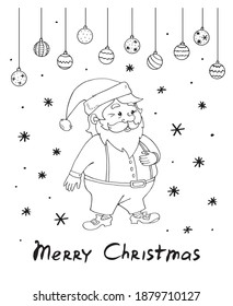 Merry Christmas and happy New year Postcard with Santa Claus. Outline vector illustration, black contour isolated on white background. For greeting cards, invitations, children coloring books