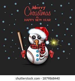 Merry Christmas and happy new year. Snowman from baseball balls with broom and sparklers on an isolated background. Design pattern for banner, poster, greeting card, invitation. Vector illustration