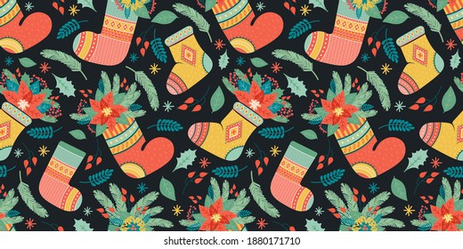 Merry Christmas and Happy New Year! Christmas holiday seamless pattern in vector. Festive composition of colorful socks for gifts and plant elements of poinsettia, holly, fir branches, red berries