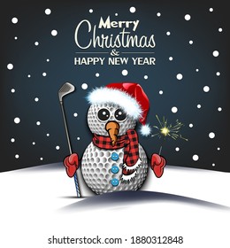 Merry Christmas and happy new year. Snowman from golf balls with broom and sparklers on an isolated background. Design pattern for banner, poster, greeting card, invitation. Vector illustration