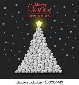 Merry Christmas and Happy New Year. Christmas tree made of volleyball balls. Snowflakes on the background. Greeting card design template with for new year. Vector illustration