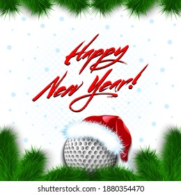 Merry Christmas and Happy New year. Golf ball in a santa hat with branches of a Christmas tree and snowflakes. Greeting card design pattern. Vector illustration