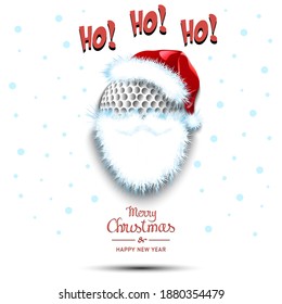 Merry Christmas and Happy New Year. Santa in the form of a golf ball. Golf ball with beard and santa hat. Greeting card design template with for new year. Vector illustration