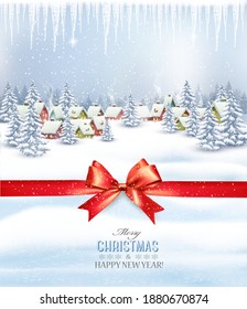 Merry Christmas  and Happy New Year background with winter landscape and fairytale  village. Red gift ribbon with a bow. Vector illustration.