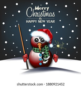 Merry Christmas and happy new year. Snowman from billiard balls with broom and sparklers on an isolated background. Design pattern for banner, poster, greeting card, invitation. Vector illustration