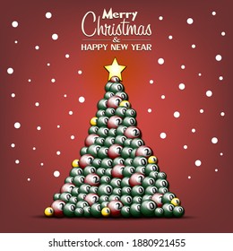Merry Christmas and Happy New Year. Christmas tree made of billiard balls. Snowflakes on the background. Greeting card design template with for new year. Vector illustration