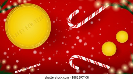 Merry Christmas and Happy New Year. Set New Year Gifts on The Festive Background. Colored. Coins with congratulations White and red background. Winter Holidays Set Realistic gifts. Vector Illustration