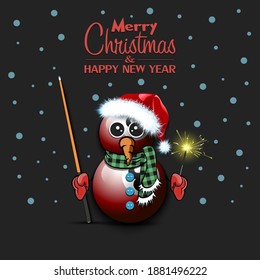 Merry Christmas and happy new year. Snowman from billiard balls with broom and sparklers on an isolated background. Design pattern for banner, poster, greeting card, invitation. Vector illustration