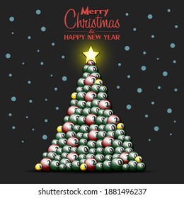 Merry Christmas and Happy New Year. Christmas tree made of billiard balls. Snowflakes on the background. Greeting card design template with for new year. Vector illustration