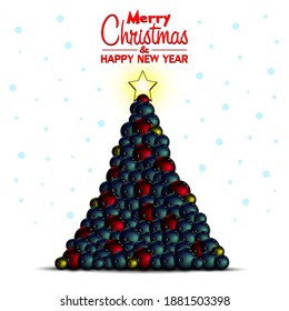 Merry Christmas and Happy New Year. Christmas tree made of bowling balls. Snowflakes on the background. Greeting card design template with for new year. Vector illustration