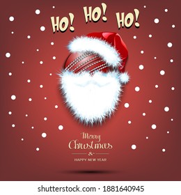 Merry Christmas and Happy New Year. Santa in the form of a cricket ball. Cricket ball with beard and santa hat. Greeting card design template with for new year. Vector illustration