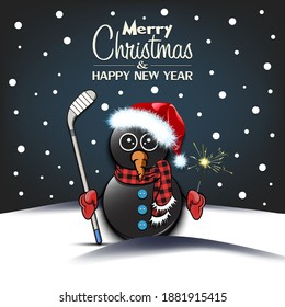Merry Christmas and happy new year. Snowman from hockey pucks with broom and sparklers on an isolated background. Design pattern for banner, poster, greeting card, invitation. Vector illustration