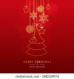 Merry Christmas and Happy New Year web banner illustration of gold luxury xmas pine tree frame with geometric art deco style element for elegant holiday celebration.