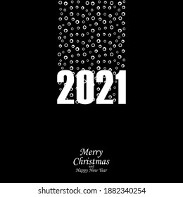 Merry Christmas and Happy New Year banner. Minimalistic design. Lettering 2021 and falling snow on black background. For web, greeting card, banner, background