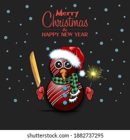 Merry Christmas and happy new year. Snowman from cricket balls with broom and sparklers on an isolated background. Design pattern for banner, poster, greeting card, invitation. Vector illustration