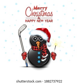 Merry Christmas and happy new year. Snowman from hockey pucks with broom and sparklers on an isolated background. Design pattern for banner, poster, greeting card, invitation. Vector illustration