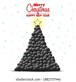 Merry Christmas and Happy New Year. Christmas tree made of hockey pucks. Snowflakes on the background. Greeting card design template with for new year. Vector illustration
