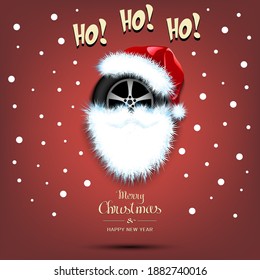 Merry Christmas and Happy New Year. Santa in the form of a car wheel. Car wheel with beard and santa hat. Greeting card design template with for new year. Vector illustration