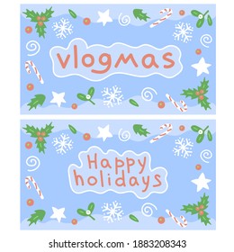 Merry Christmas And Happy New Year card with holiday lettering and traditional christmas elements.Cute illustration of funny cartoon style, Greeting card,postcard, print. Vector EPS10. Blue background