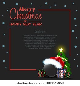 Merry Christmas and Happy New Year. Frame with Hockey puck, Christmas tree and gift boxes. Greeting card design template with for new year. Vector illustration