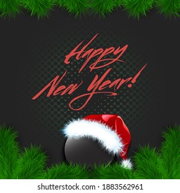 Merry Christmas and Happy New year. Hockey puck in a santa hat with branches of a Christmas tree and snowflakes. Greeting card design pattern. Vector illustration