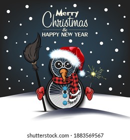 Merry Christmas and happy new year. Snowman from bicycle wheels with broom and sparklers on an isolated background. Design pattern for banner, poster, greeting card, invitation. Vector illustration