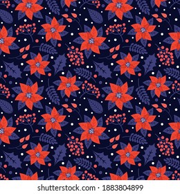 Merry Christmas and Happy New Year seamless pattern. Floral holiday background with christmas natural elements, poinsettia, Holly leaves, red berries. Vector design template in Scandinavian style