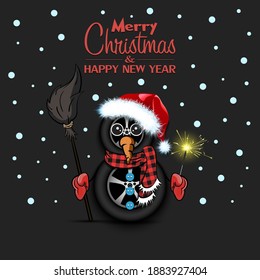 Merry Christmas and happy new year. Snowman from car wheels with broom and sparklers on an isolated background. Design pattern for banner, poster, greeting card, invitation. Vector illustration