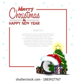 Merry Christmas and Happy New Year. Frame with Bicycle wheel, Christmas tree and gift boxes. Greeting card design template with for new year. Vector illustration