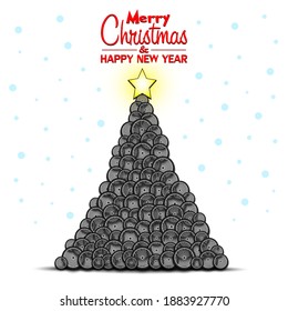 Merry Christmas and Happy New Year. Christmas tree made of bicycle wheels. Snowflakes on the background. Greeting card design template with for new year. Vector illustration